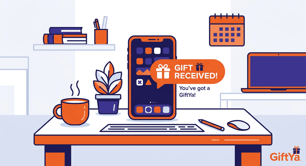 Office Gift Guide — flat office desk scene with coffee cup, plant, and phone gift-notification bubble