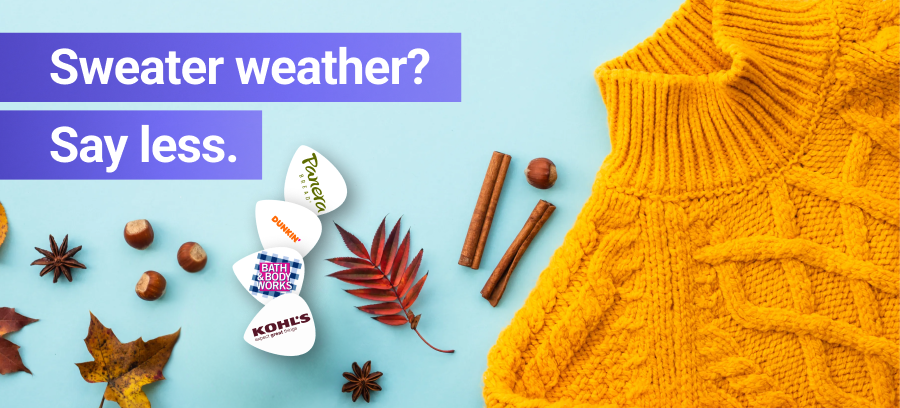 Sweater weather? Say less. A mustard knit sweater with cinnamon sticks, chestnuts and Panera, Dunkin’ and Bath & Body Works gift tokens.