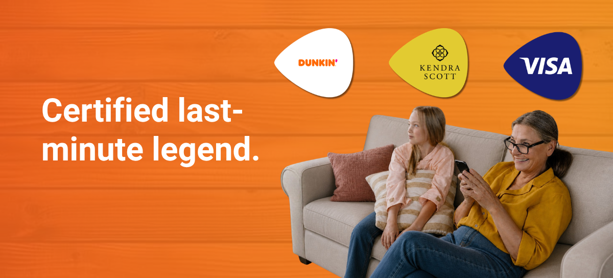Certified last-minute legend. Dunkin and Kendra Scott gift cards, textable in seconds.