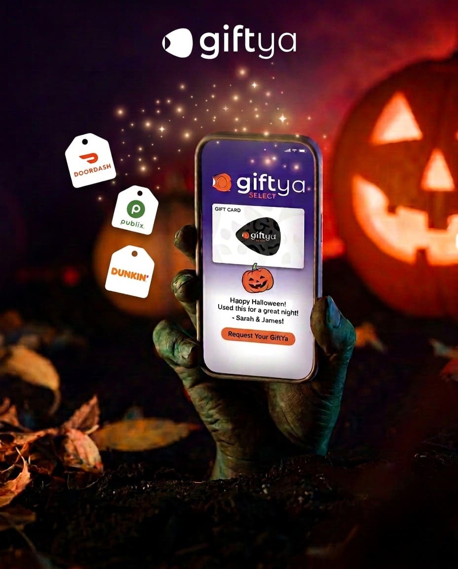 GiftYa logo above a zombie hand holding a phone showing a GiftYa gift, with DoorDash, Publix and Dunkin’ gift tags floating nearby