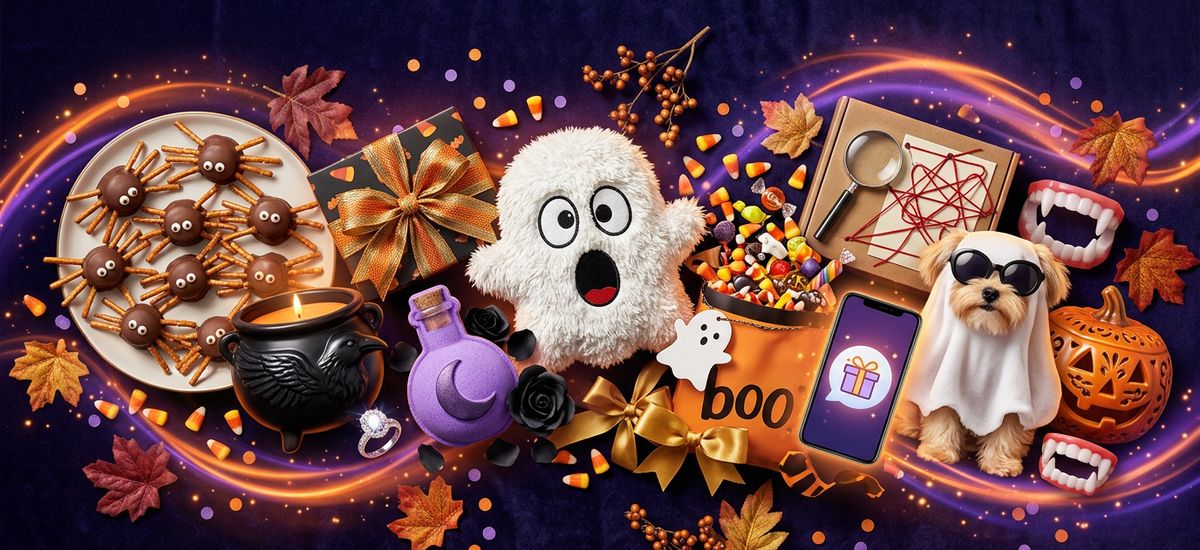 Last-minute Halloween gifts: spider-bite treats, a raven cauldron candle, a ghost pillow, a boo goody bag, a dog in a ghost costume and a phone with a gift message