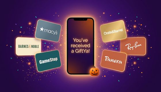GiftYa Select — a phone showing “You’ve received a GiftYa!” surrounded by e-gifts from Macy’s, Barnes & Noble, GameStop, Crate & Barrel, Ray-Ban and Panera